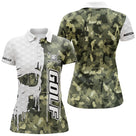 Polo de golf femme camouflage vert kaki et blanc avec crâne et clubs croisés coupe ajustée féminine