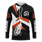 Maillot cyclisme orange et noir all-over homme avec cyclistes en course et écusson, prénom personnalisé