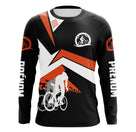 Maillot cyclisme orange et noir all-over homme avec cyclistes en course et écusson, prénom personnalisé