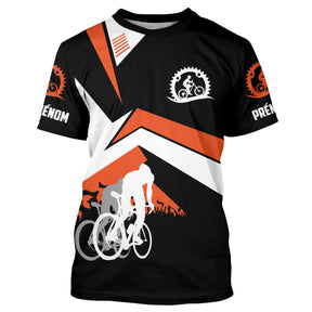 Maillot cyclisme orange et noir all-over homme avec cyclistes en course et écusson, prénom personnalisé