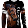 T-shirt manches longues cheval bai all-over fond noir motif cheval bai gros plan Love Horse prénom personnalisé