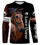 T-shirt manches longues cheval bai all-over fond noir motif cheval bai gros plan Love Horse prénom personnalisé