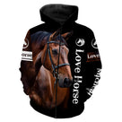 T-shirt amoureux cheval bai all-over fond noir motif cheval bai gros plan slogan Love Horse cavalier prénom personnalisé