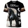 T-shirt cheval Frison all-over fond noir motif Frison noir longs crins ondulants bordures dorées prénom personnalisé