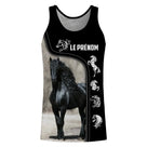 Hoodie cheval Frison all-over fond noir motif Frison noir longs crins bordures dorées prénom personnalisé