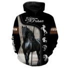 T-shirt amoureux cheval Frison all-over fond noir motif Frison noir longs crins cavalier prénom personnalisé