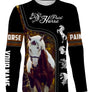 T-shirt manches longues cheval Paint Horse all-over fond noir motif Paint Horse pinto bordures dorées prénom personnalisé