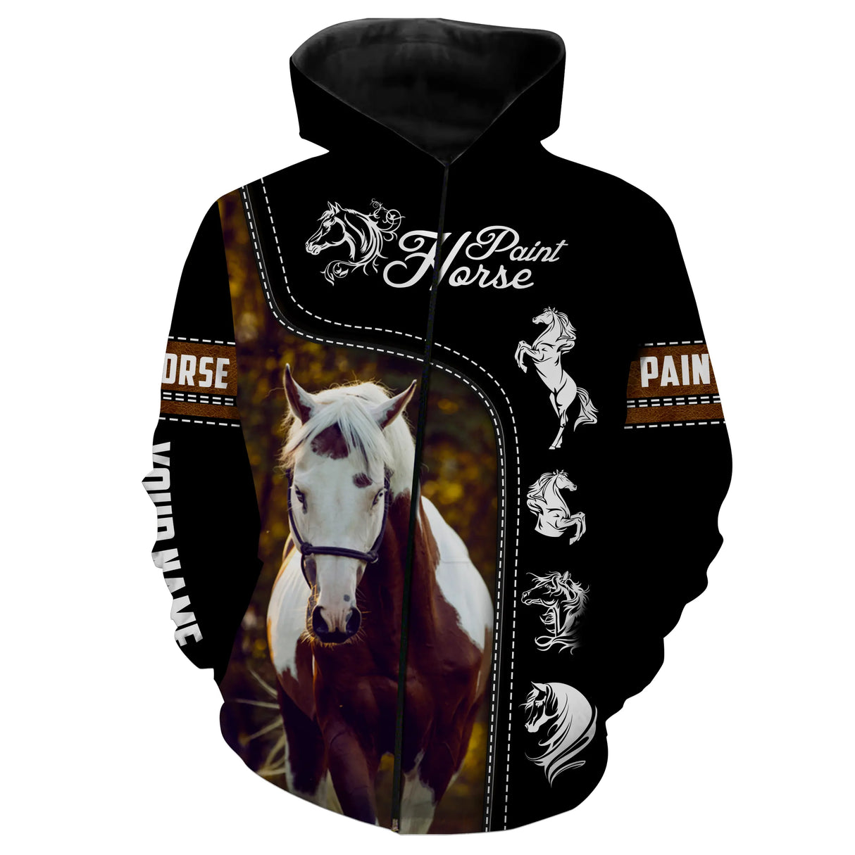 T-shirt amoureux cheval Paint Horse all-over fond noir motif Paint Horse blanc alezan cavalier prénom personnalisé