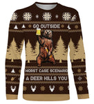 Sweater Noël ours bière jacquard motifs sapins et flocons, coupe unisexe humour chasseur famille