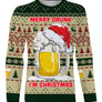 Sweater Noël Merry Drunk bière motifs jacquard sapins et flocons, coupe unisexe humour fête