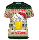 Pull Noël Merry Drunk vert sapin avec chope de bière géante coiffée bonnet Père Noël et lettrage humoristique