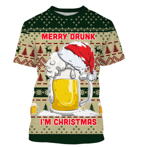 Pull Noël Merry Drunk vert sapin avec chope de bière géante coiffée bonnet Père Noël et lettrage humoristique