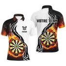 Polo fléchettes noir et blanc homme avec cibles en feu et flammes orange Darts Flame, prénom et équipe personnalisés