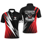 Polo de golf personnalisé homme rouge feu et noir avec éclairs dynamiques et lettrage Le Bonheur Faire Du Golf
