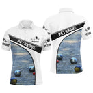 Polo pétanque blanc et noir homme avec boules de pétanque sur sable et inscription PÉTANQUE, prénom personnalisé