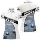 Polo pétanque blanc et noir femme avec boules sur terrain et écusson PÉTANQUE, prénom personnalisé