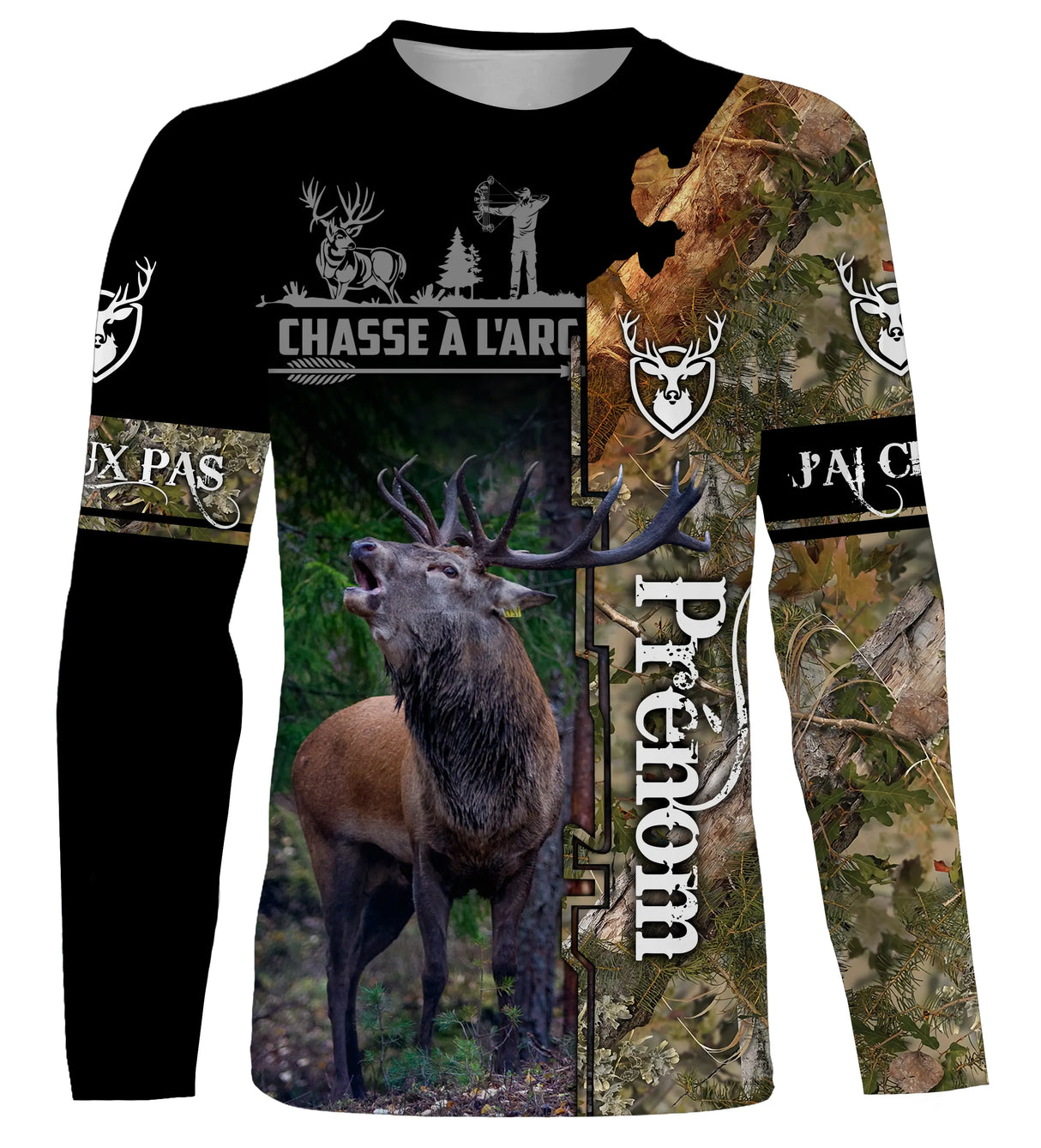 T-shirt chasse à l'arc design all-over sous-bois vert brun, coupe unisexe personnalisable pour archer