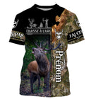 T-shirt chasse cerf à l'arc camouflage forêt vert noir avec grand cerf au brame et silhouette archer, prénom imprimé