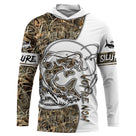 Sweat UV à capuche pêche silure tatouage encré bicolore blanc camouflage roseau prénom personnalisé, vue de face