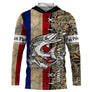 Sweat UV à capuche pêche brochet drapeau France bleu blanc rouge camouflage roseau prénom personnalisé, vue de face