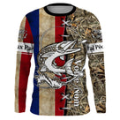 Maillot UV manches longues pêche brochet drapeau France bleu blanc rouge camouflage prénom personnalisé