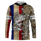 Sweat UV à capuche pêche perche drapeau France bleu blanc rouge camouflage roseau prénom personnalisé, vue de face