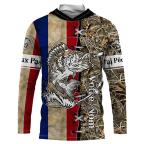 Sweat UV à capuche pêche perche drapeau France bleu blanc rouge camouflage roseau prénom personnalisé, vue de face