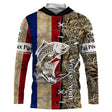 Maillot UV manches longues pêche carpe drapeau France bleu blanc rouge camouflage prénom personnalisé