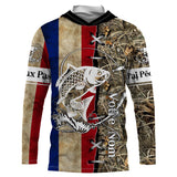Maillot UV manches longues pêche carpe drapeau France bleu blanc rouge camouflage prénom personnalisé