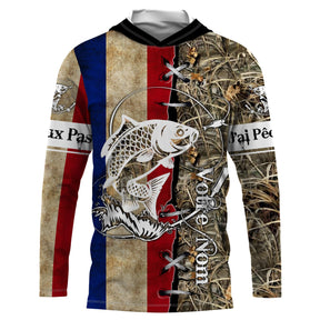 Maillot UV manches longues pêche carpe drapeau France bleu blanc rouge camouflage prénom personnalisé
