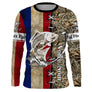 Sweat UV à capuche pêche carpe drapeau France bleu blanc rouge camouflage roseau prénom personnalisé, vue de face