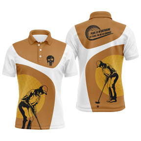 Polo golf homme marron terre silhouette golfeur swing contre-jour grand soleil or stylisé insert balle de golf
