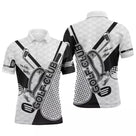 Polo golf homme noir et blanc texture balle de golf clubs croisés inscription Golf Club centrée coupe ajustée
