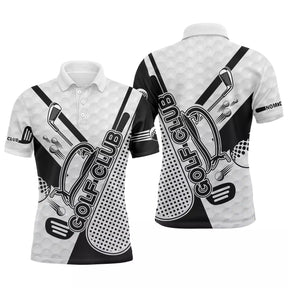 Polo golf homme noir et blanc texture balle de golf clubs croisés inscription Golf Club centrée coupe ajustée