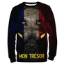 Sweater all-over chasse sanglier tête drapeau France Mon Trésor doré