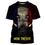 T-shirt all-over chasse sanglier tête majestueuse drapeau France bleu blanc rouge lettrage Mon Trésor doré, vue de face
