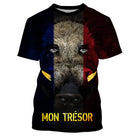 T-shirt all-over chasse sanglier tête majestueuse drapeau France bleu blanc rouge lettrage Mon Trésor doré, vue de face