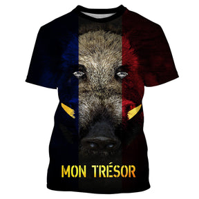 T-shirt all-over chasse sanglier tête majestueuse drapeau France bleu blanc rouge lettrage Mon Trésor doré, vue de face