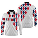 Polo golf manches longues unisexe motif argyle drapeau français, tenue de parcours élégante pour golfeur