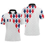 Polo golf drapeau France motif argyle losanges bleu rouge blanc avec drapeau tricolore central, fond gaufré balle de golf