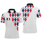 Polo golf drapeau France motif argyle losanges bleu rouge blanc avec drapeau tricolore central, fond gaufré balle de golf
