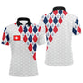 Polo golf drapeau Suisse motif argyle losanges rouge blanc bleu avec croix helvétique centrale, fond gaufré balle de golf