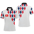 Polo golf drapeau Suisse motif argyle losanges rouge blanc bleu avec croix helvétique centrale, fond gaufré balle de golf