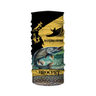 T-shirt pêche brochet col rond noir et jaune avec motif brochet doré sur fond pêcheur en barque