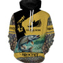 Hoodie pêche brochet noir et jaune motif all-over carnassier doré personnalisé prénom pêcheur