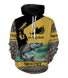 Hoodie pêche brochet noir et jaune motif all-over carnassier doré personnalisé prénom pêcheur