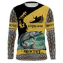 Maillot UV manches longues pêche brochet noir et jaune motif carnassier all-over personnalisé prénom