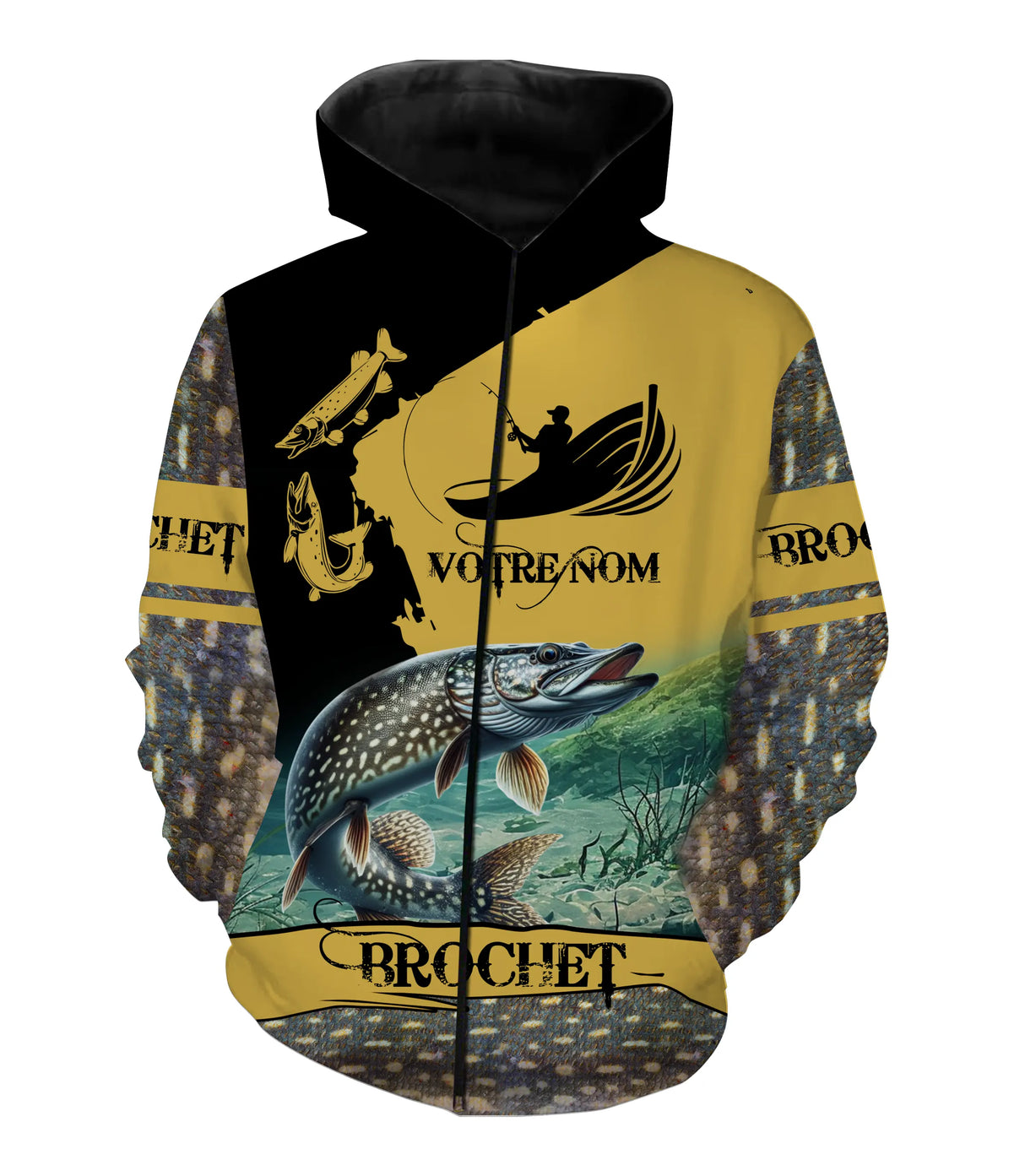 Sweat zippé pêche brochet noir et jaune motif brochet doré bondissant sur fond pêcheur en barque
