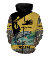 Sweat zippé pêche brochet noir et jaune motif brochet doré bondissant sur fond pêcheur en barque