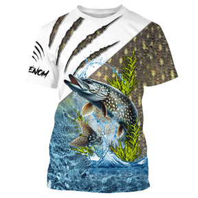 T-shirt anti-UV pêche brochet blanc avec brochet sautant et écailles vertes, prénom imprimé sur manche